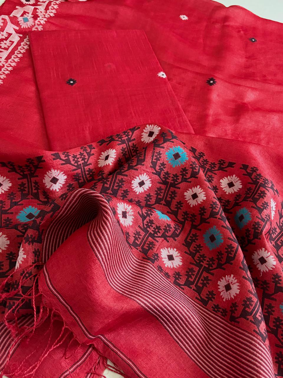 Pure Tussar Silk Kurta Dupatta Set with Jamdani Weave - Red
