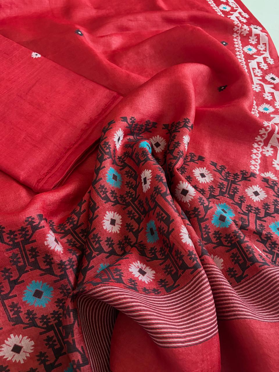 Pure Tussar Silk Kurta Dupatta Set with Jamdani Weave - Red