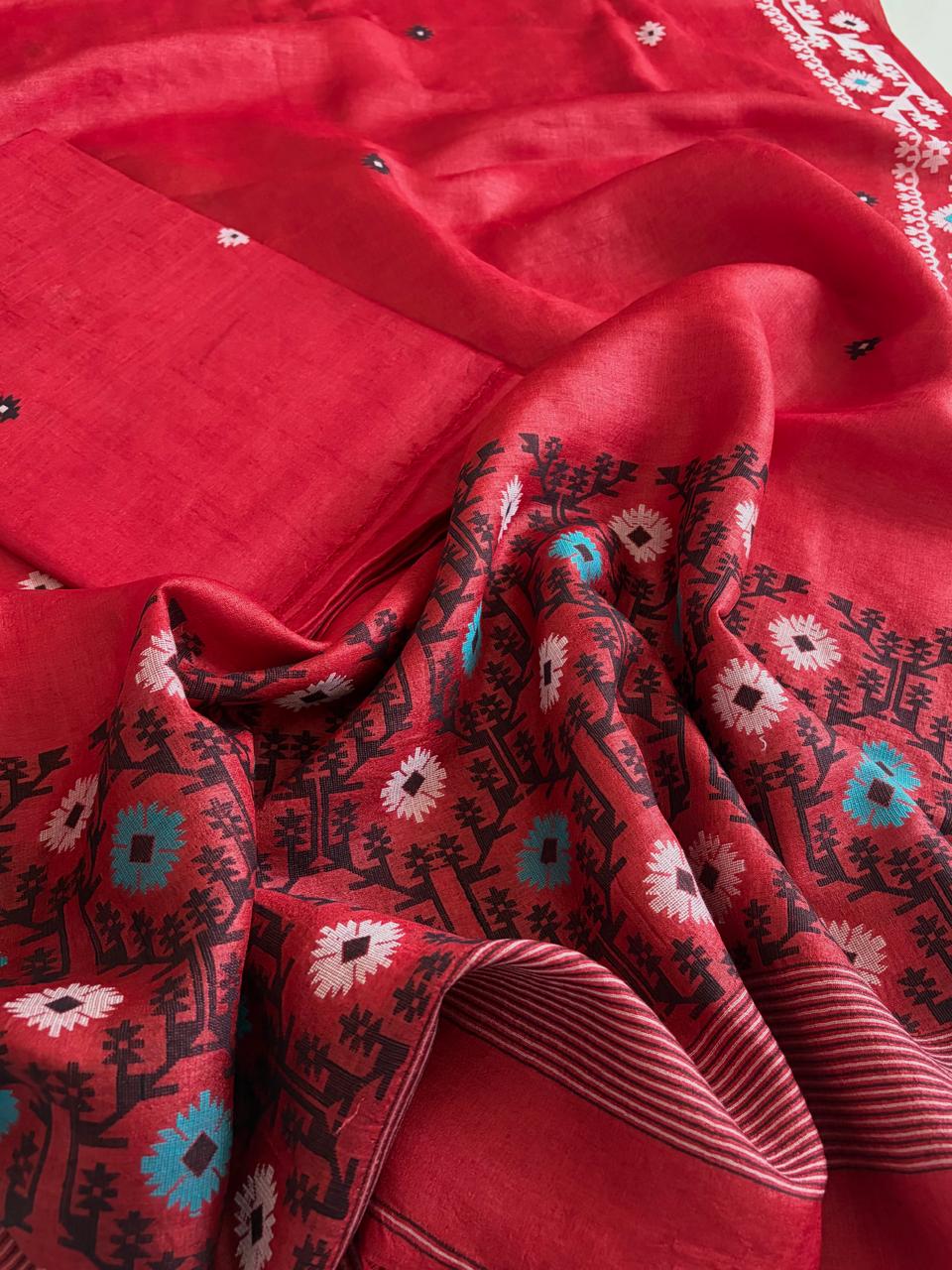 Pure Tussar Silk Kurta Dupatta Set with Jamdani Weave - Red