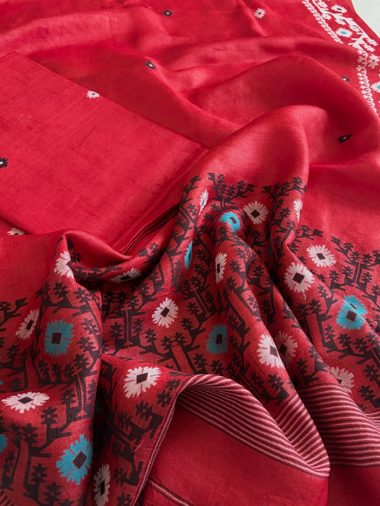 Image of Pure Tussar Silk Kurta Dupatta Set with Jamdani Weave - Red