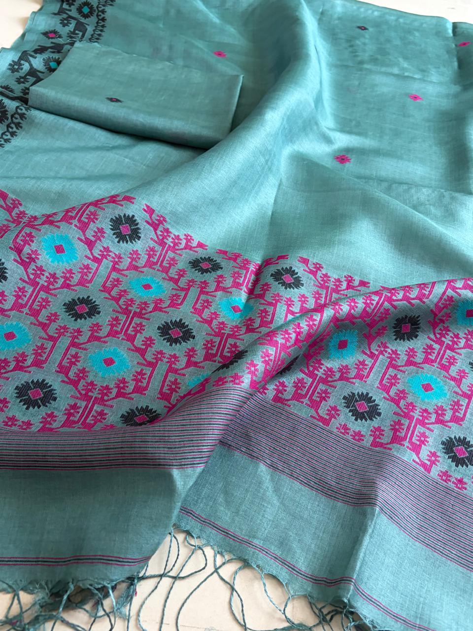 Pure Tussar Silk Kurta Dupatta Set with Jamdani Weave - Icy Blue