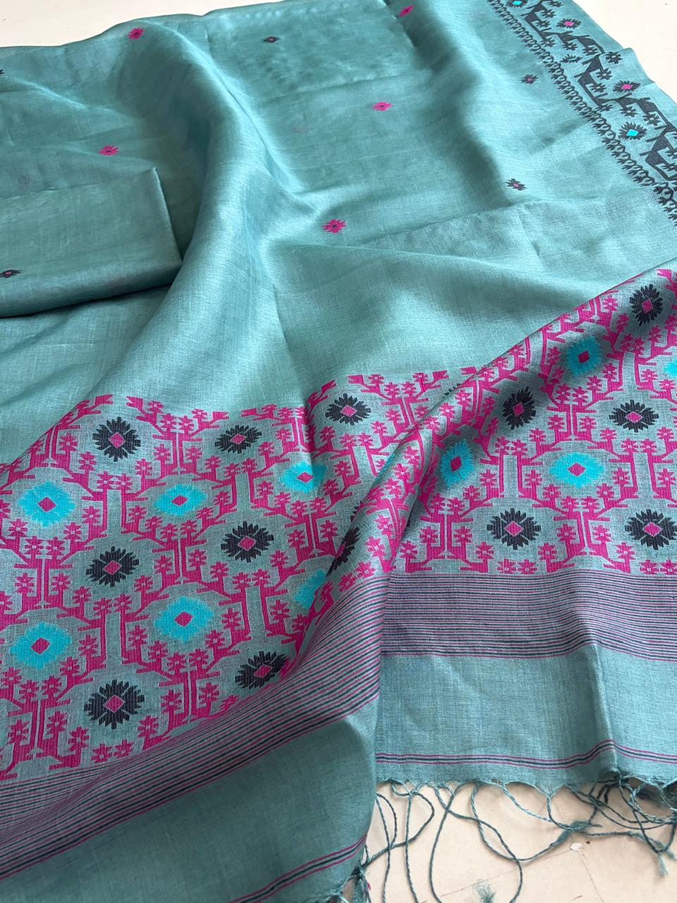 Pure Tussar Silk Kurta Dupatta Set with Jamdani Weave - Icy Blue
