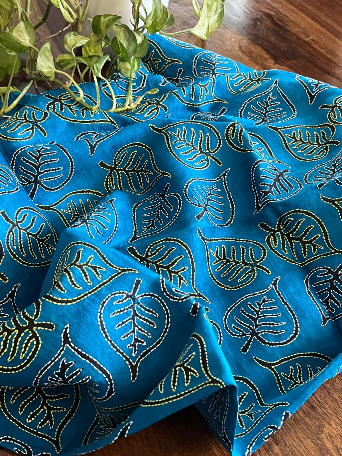 Pure Tussar Silk Kurta with Hand Kantha Embroidery - Blue