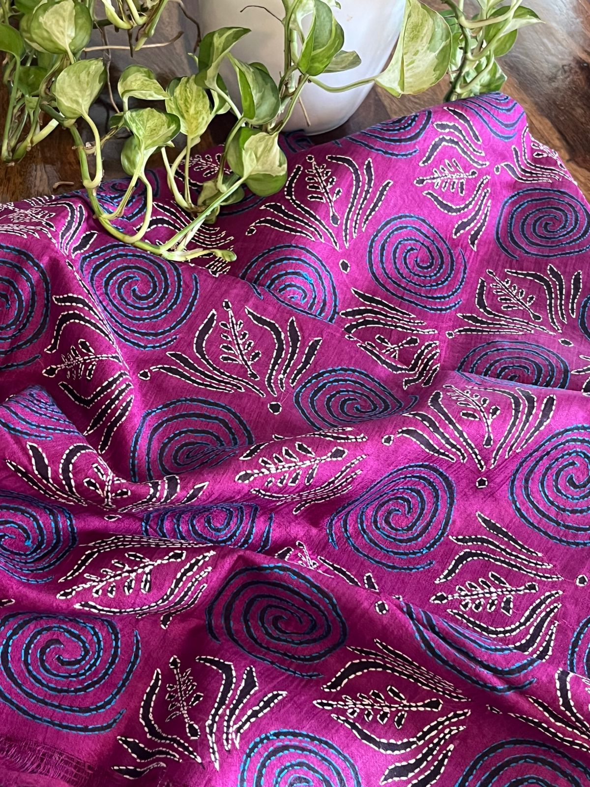 Pure Tussar Silk Kurta with Hand Kantha Embroidery - Pink