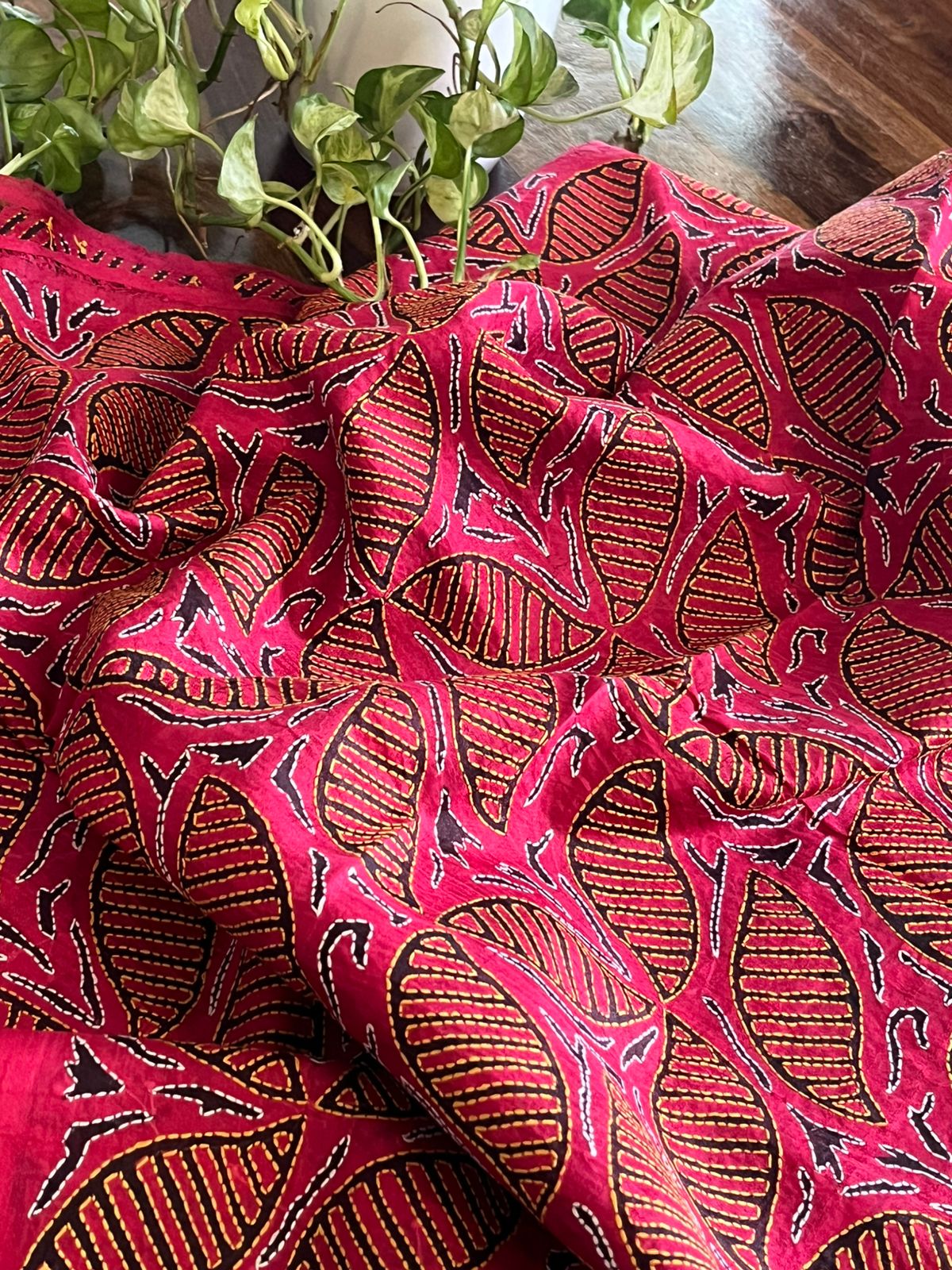 Pure Tussar Silk Kurta with Hand Kantha Embroidery - Red