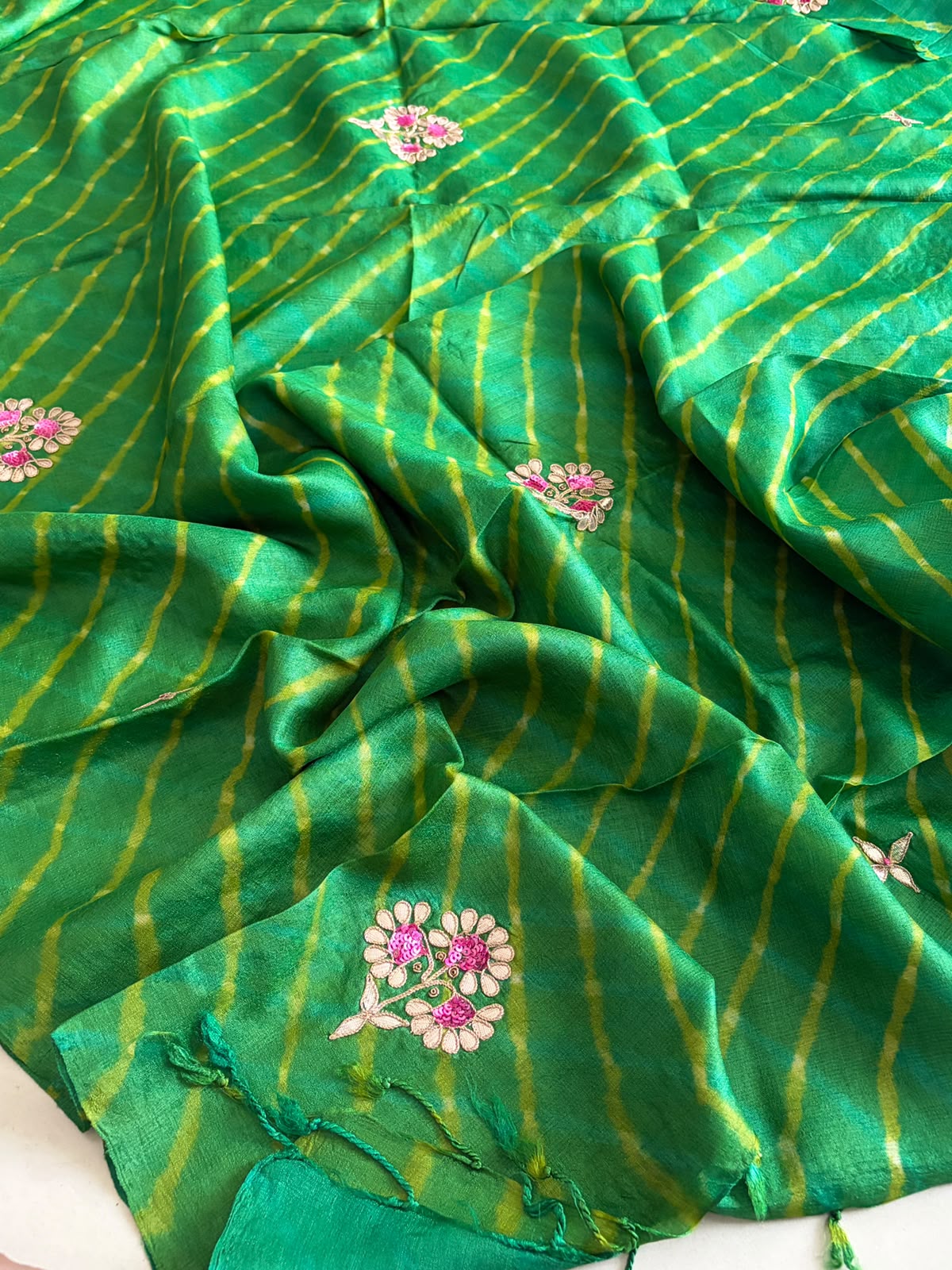 Pure Tussar Silk Handwoven Leheriya Dupatta with Gotta Patti Work Emerald Green