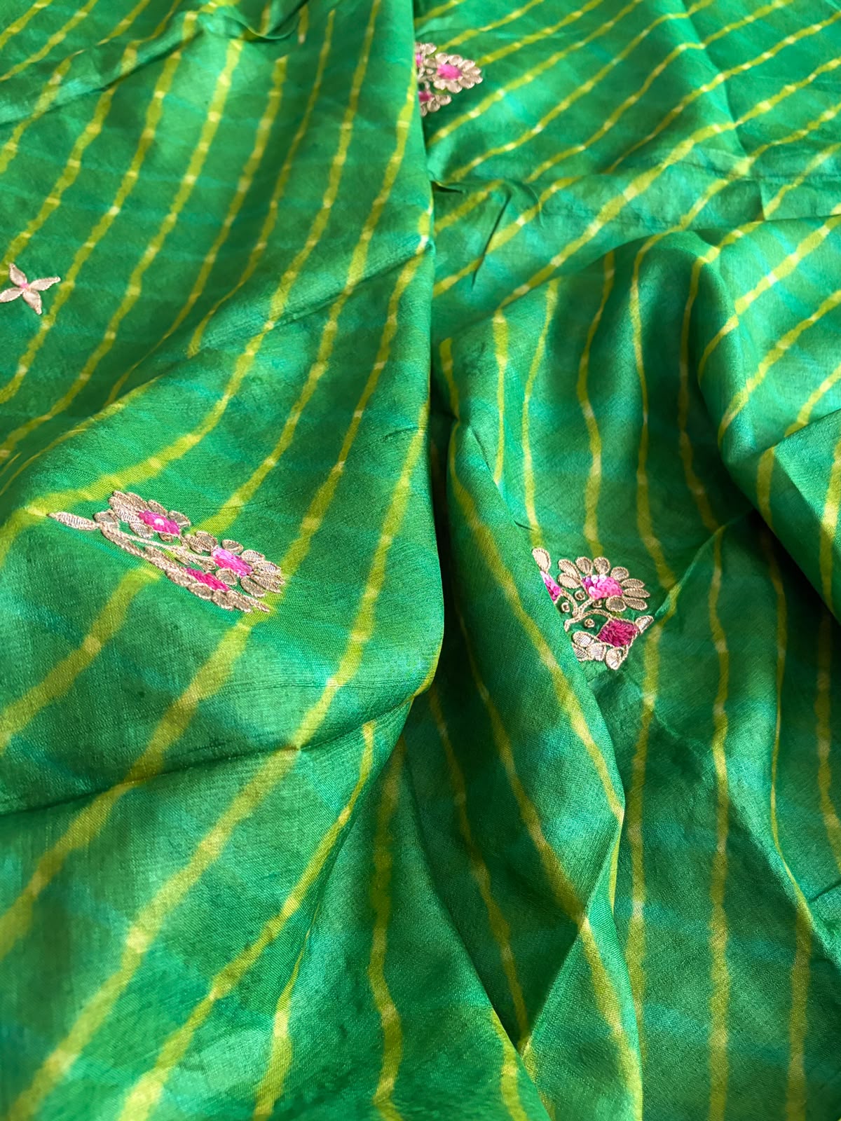 Pure Tussar Silk Handwoven Leheriya Dupatta with Gotta Patti Work  Emerald Green