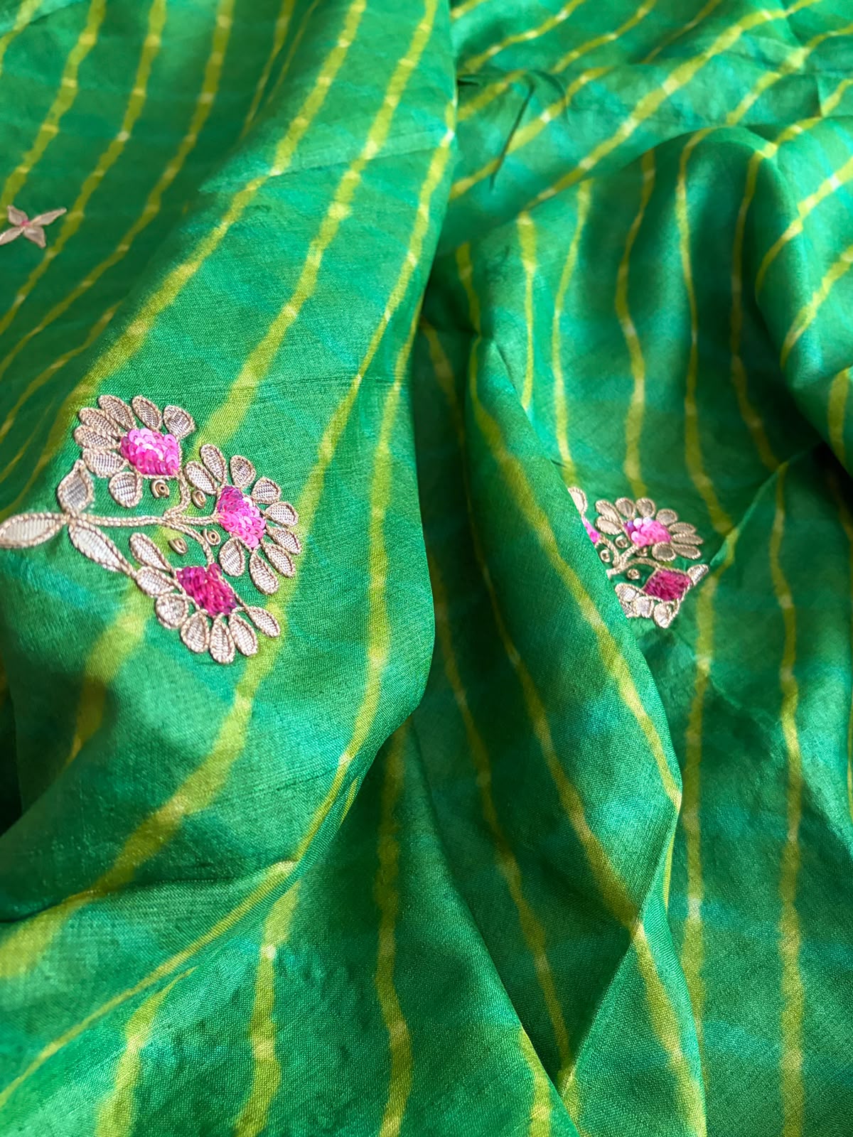 Pure Tussar Silk Handwoven Leheriya Dupatta with Gotta Patti Work  Emerald Green