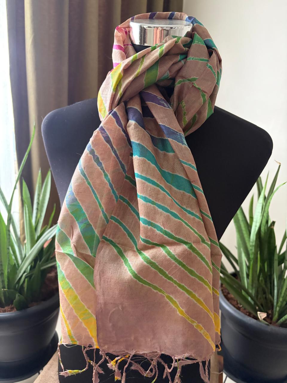Pure Tussar Silk Leheriya Stole Handcrafted Earthy Tones with Multicolour Stripes