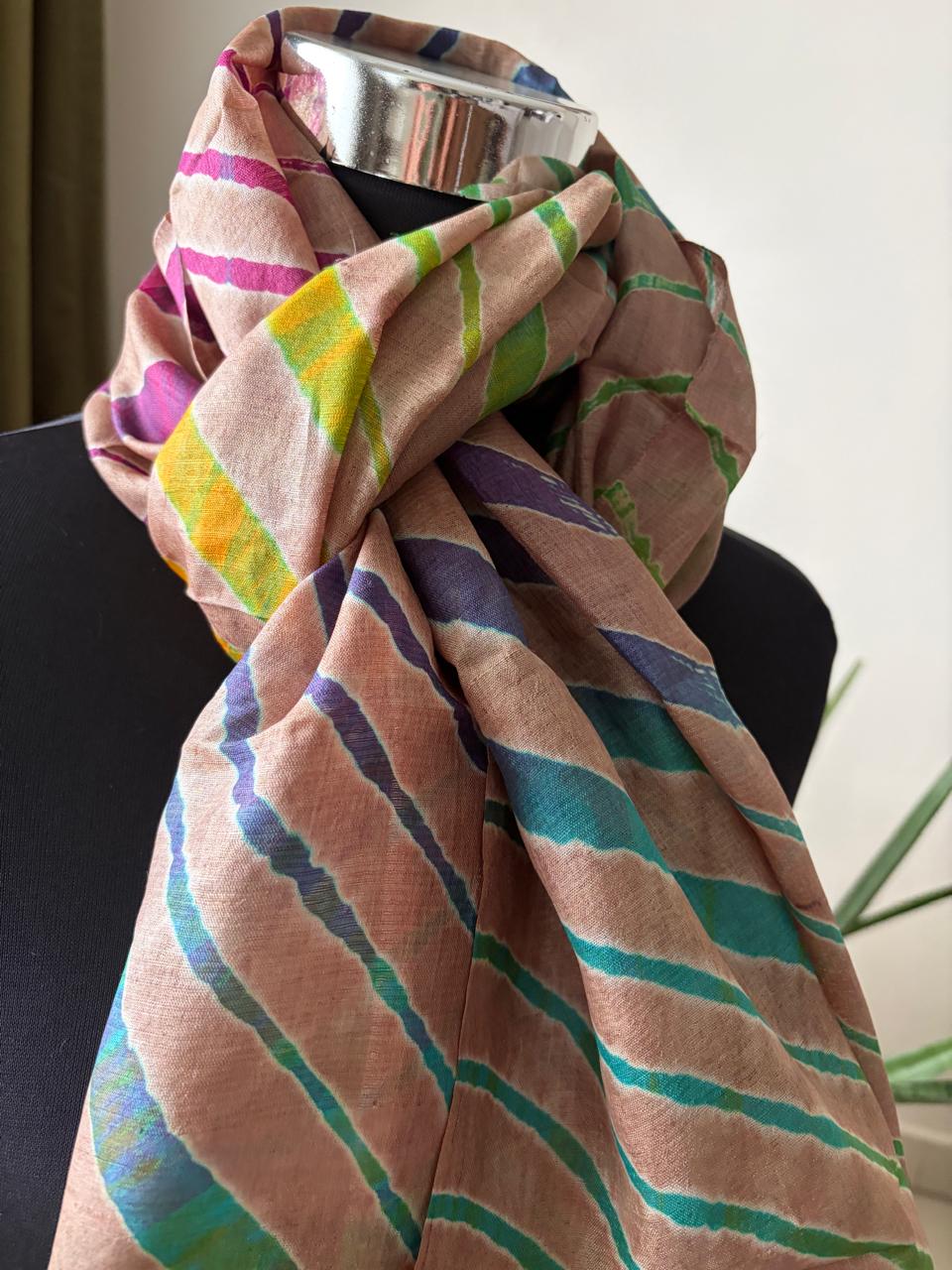Pure Tussar Silk Leheriya Stole Handcrafted Earthy Tones with Multicolour Stripes