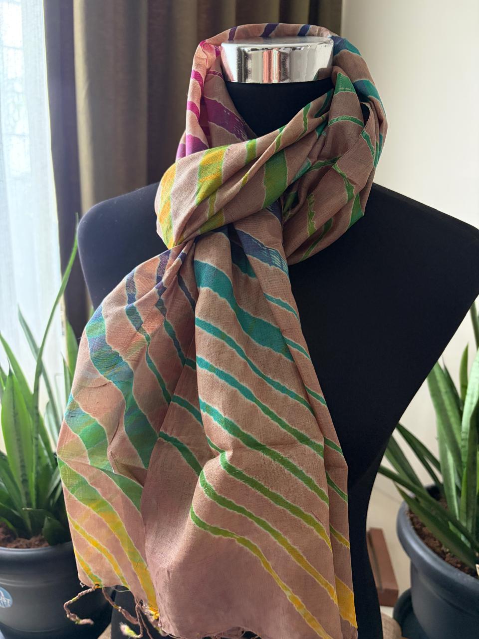 Pure Tussar Silk Leheriya Stole Handcrafted Earthy Tones with Multicolour Stripes