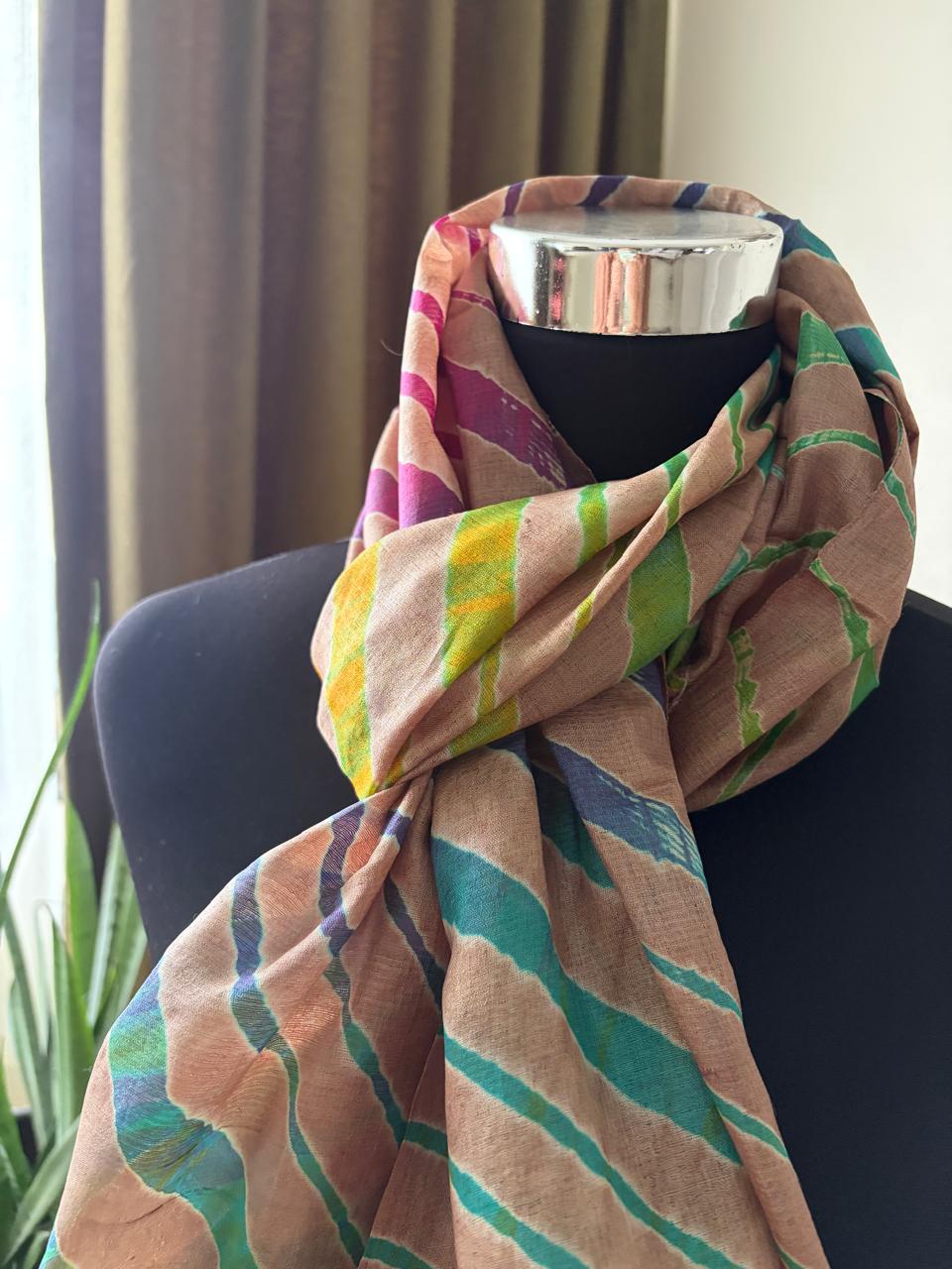Pure Tussar Silk Leheriya Stole Handcrafted Earthy Tones with Multicolour Stripes