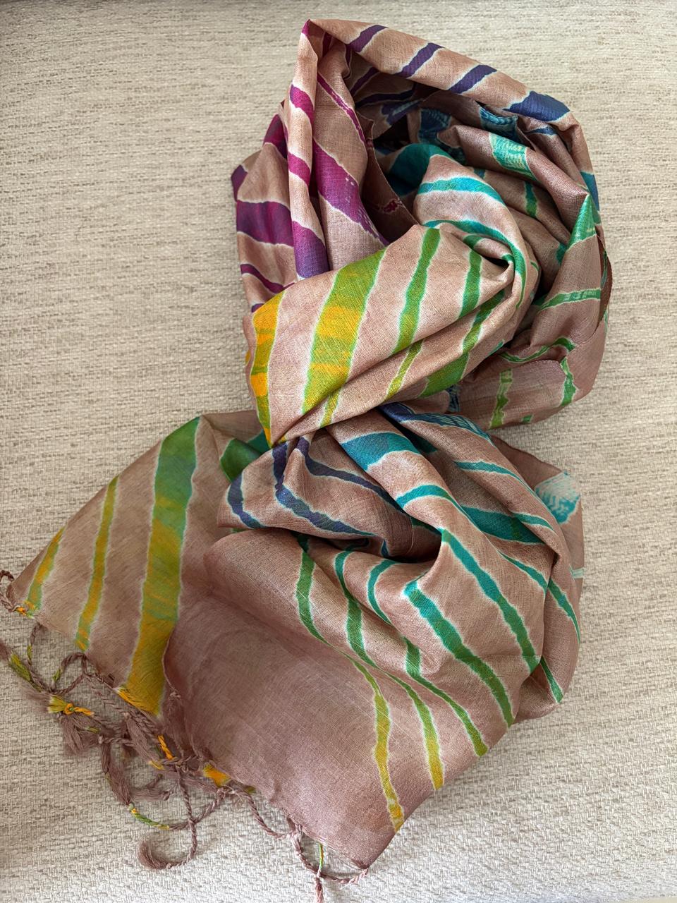 Pure Tussar Silk Leheriya Stole  Handcrafted Earthy Tones with Multicolour Stripes