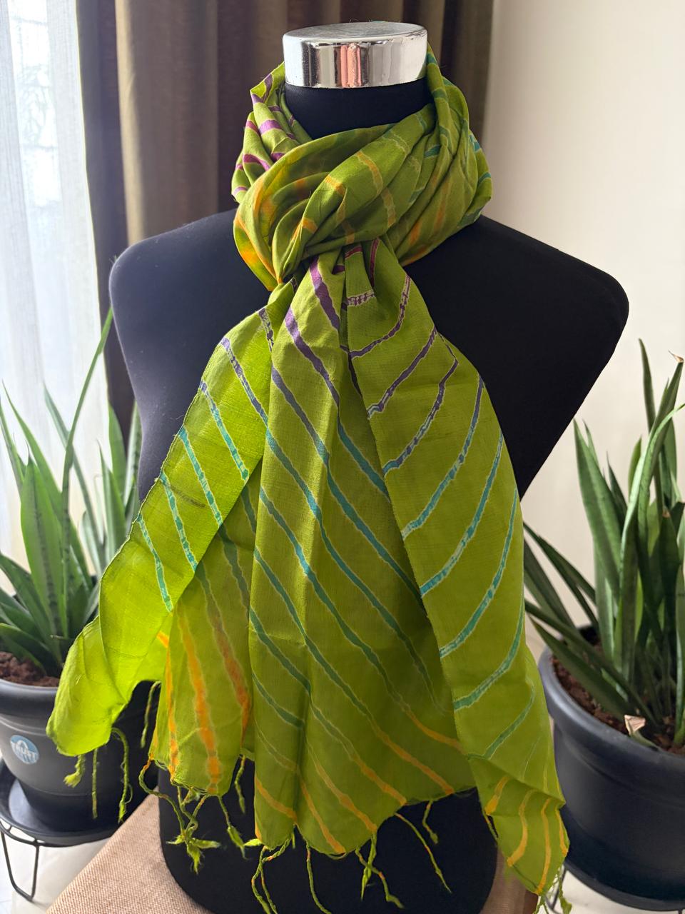 Pure Tussar Silk Leheriya Stole Handcrafted Green with Multicolour Stripes