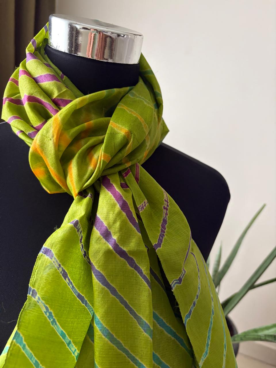 Pure Tussar Silk Leheriya Stole Handcrafted Green with Multicolour Stripes