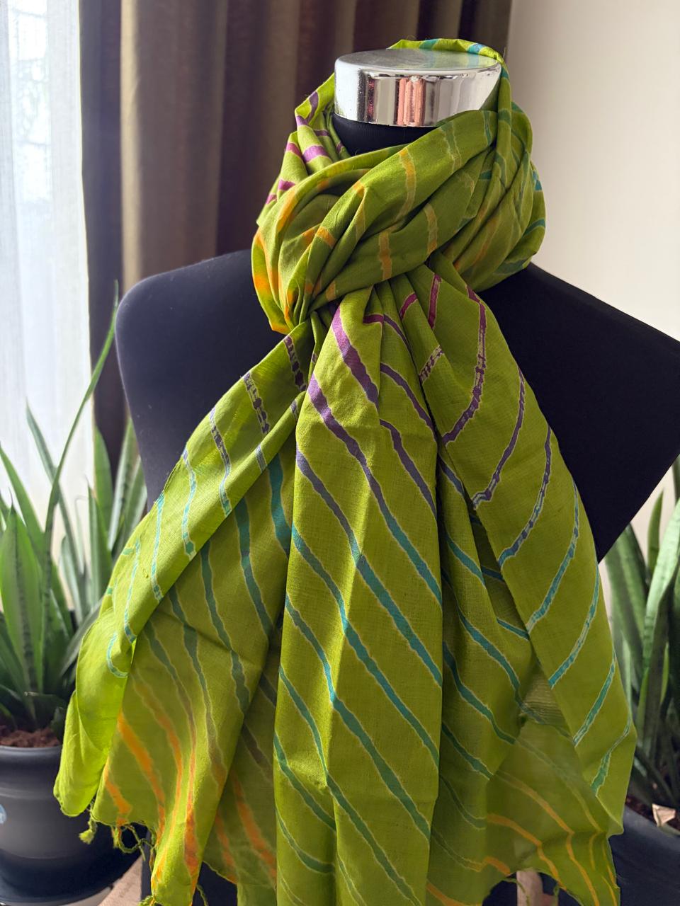 Pure Tussar Silk Leheriya Stole  Handcrafted Green with Multicolour Stripes