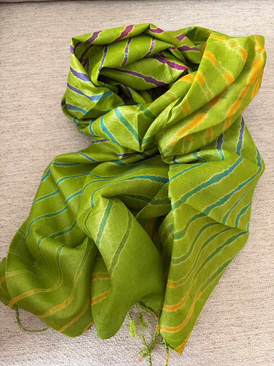 Pure Tussar Silk Leheriya Stole Handcrafted Green with Multicolour Stripes