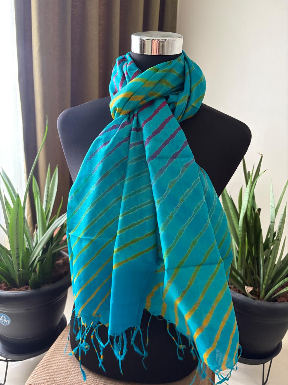 Pure Tussar Silk Leheriya Stole Handcrafted Sky Blue with Multicolour Stripes