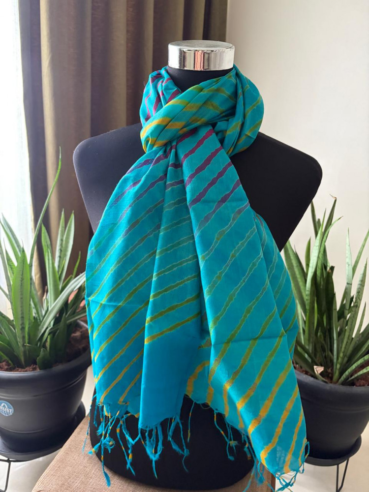 Image of Pure Tussar Silk Leheriya Stole – Handcrafted Sky Blue with Multicolour Stripes