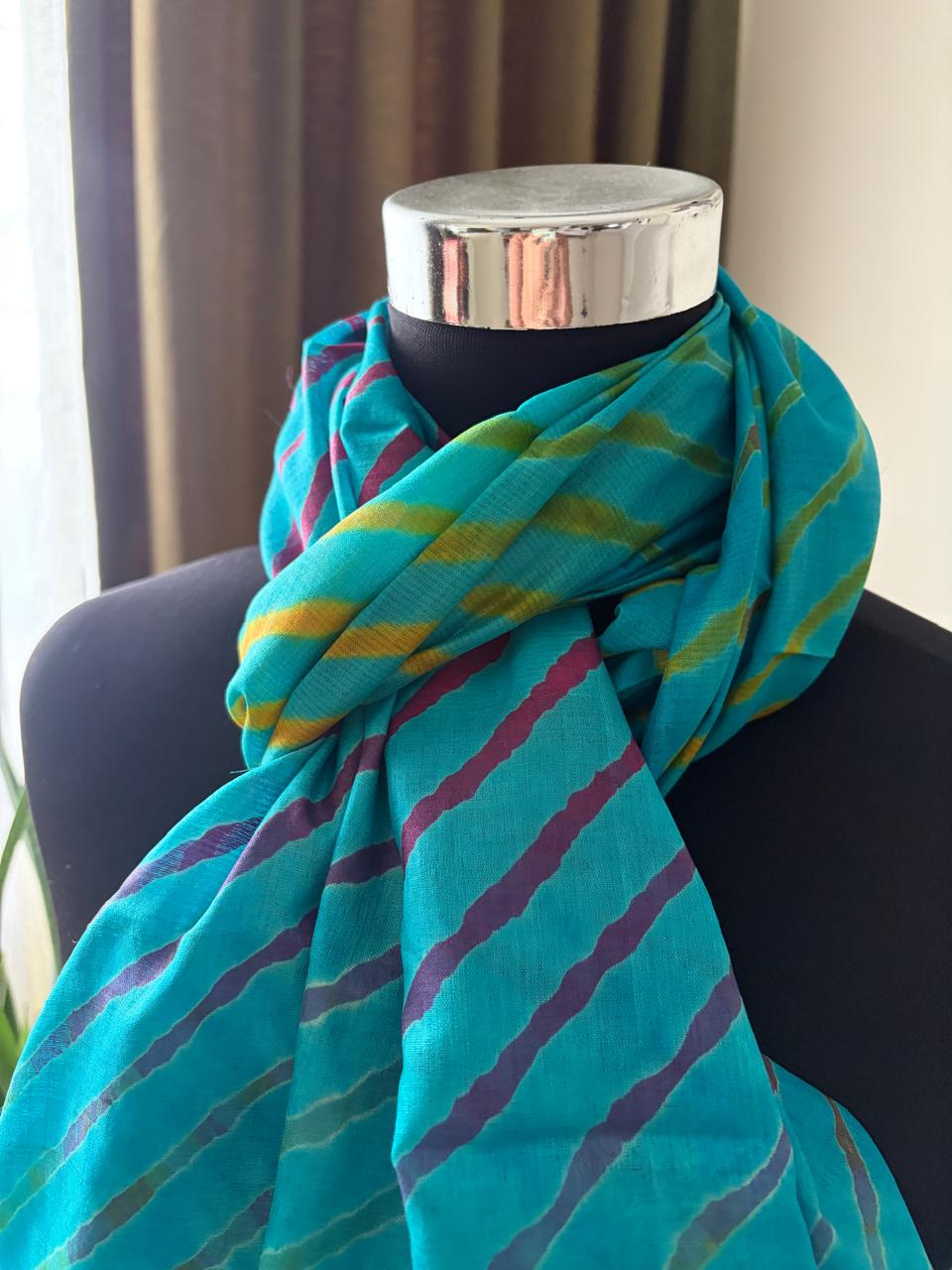 Pure Tussar Silk Leheriya Stole Handcrafted Sky Blue with Multicolour Stripes