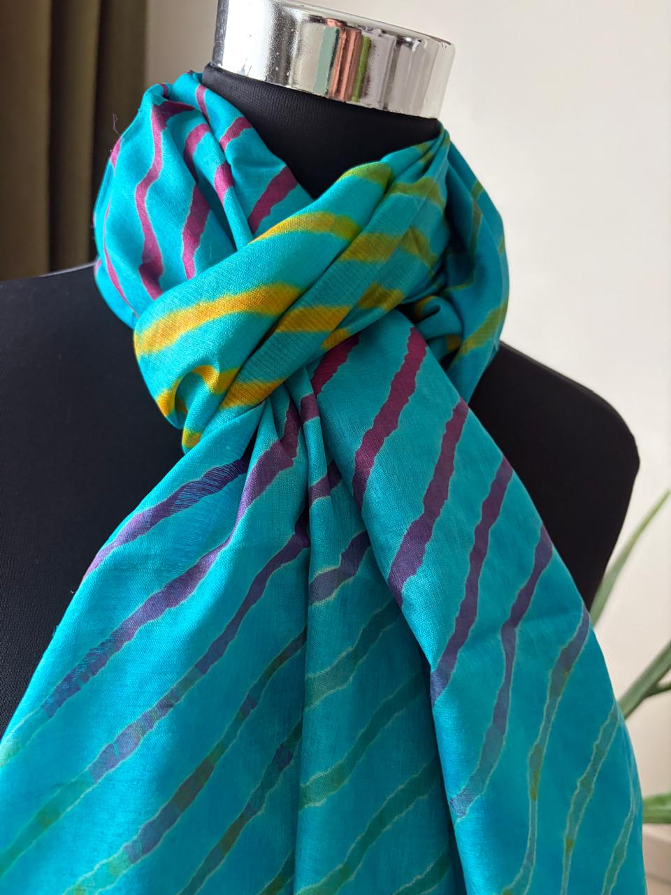 Pure Tussar Silk Leheriya Stole  Handcrafted Sky Blue with Multicolour Stripes