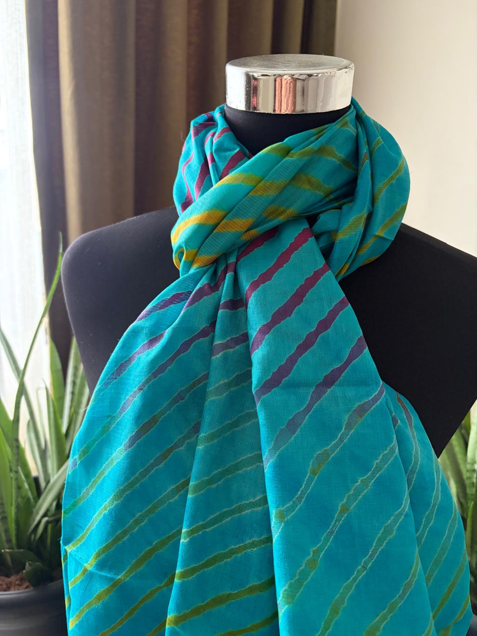 Pure Tussar Silk Leheriya Stole Handcrafted Sky Blue with Multicolour Stripes