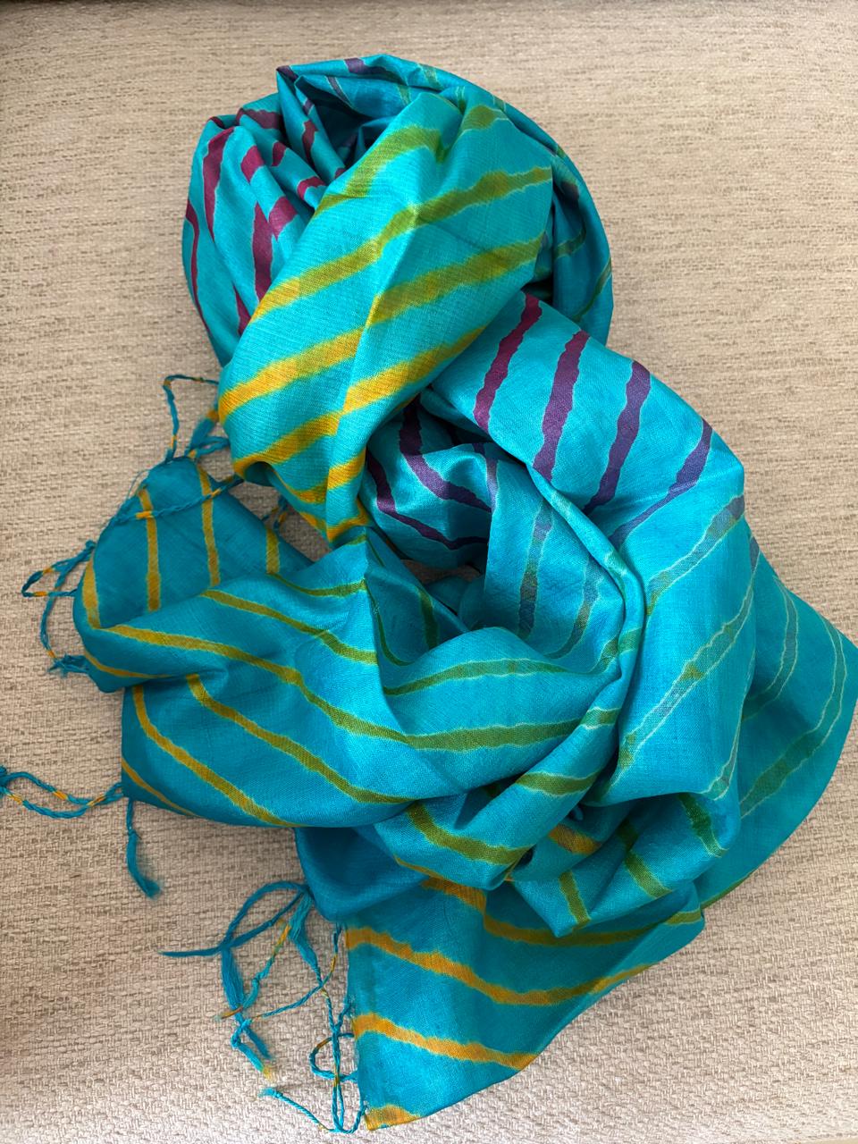Pure Tussar Silk Leheriya Stole Handcrafted Sky Blue with Multicolour Stripes