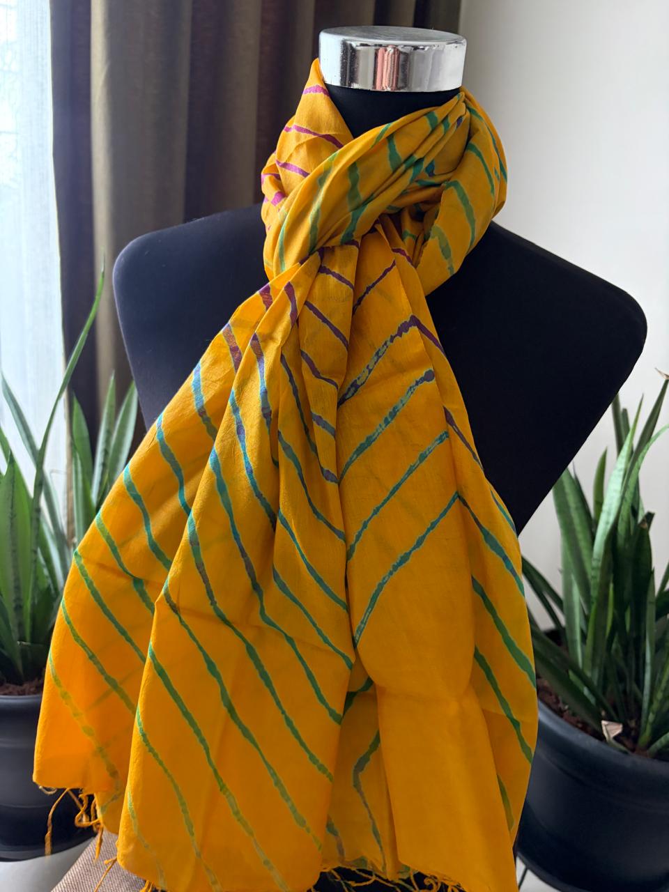 Pure Tussar Silk Leheriya Stole  Handcrafted Yellow with Multicolour Stripes