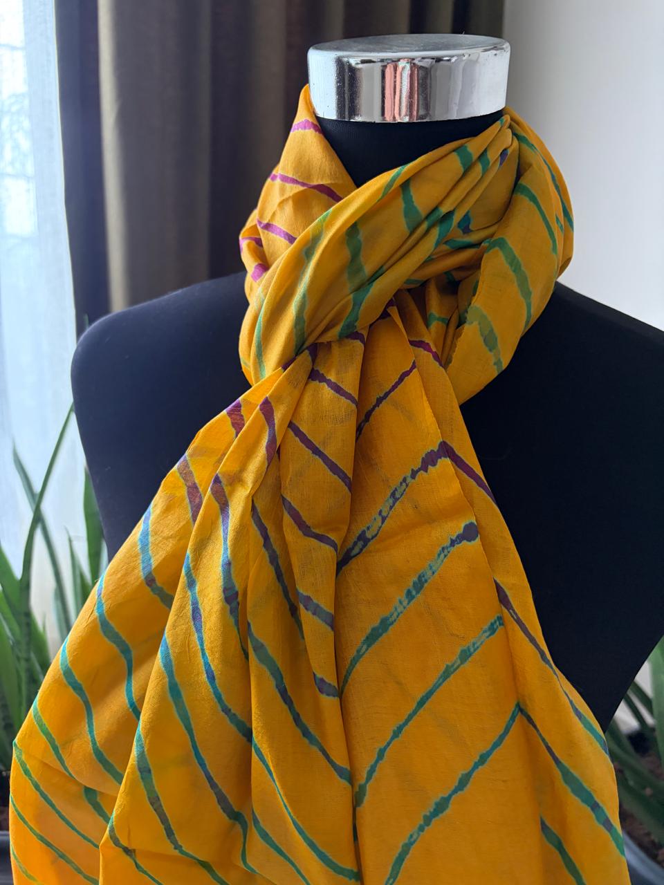 Pure Tussar Silk Leheriya Stole  Handcrafted Yellow with Multicolour Stripes