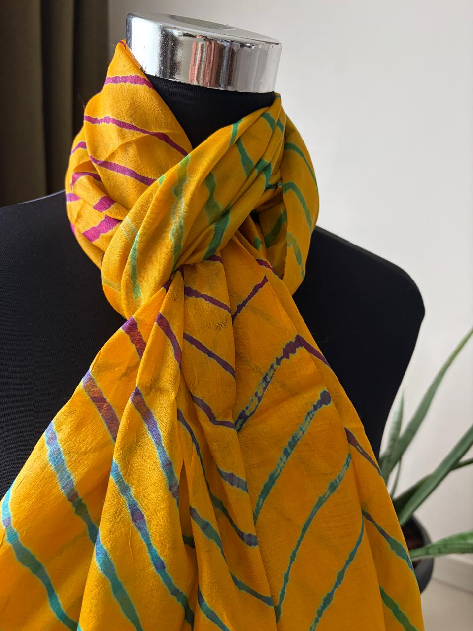 Pure Tussar Silk Leheriya Stole  Handcrafted Yellow with Multicolour Stripes