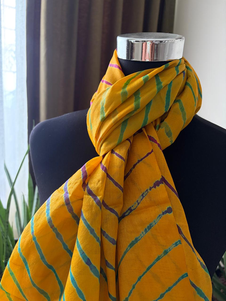 Pure Tussar Silk Leheriya Stole  Handcrafted Yellow with Multicolour Stripes
