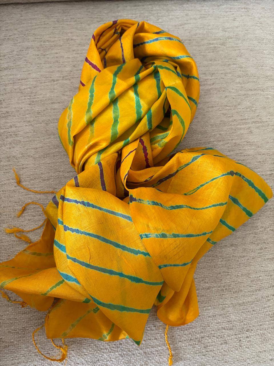 Pure Tussar Silk Leheriya Stole Handcrafted Yellow with Multicolour Stripes