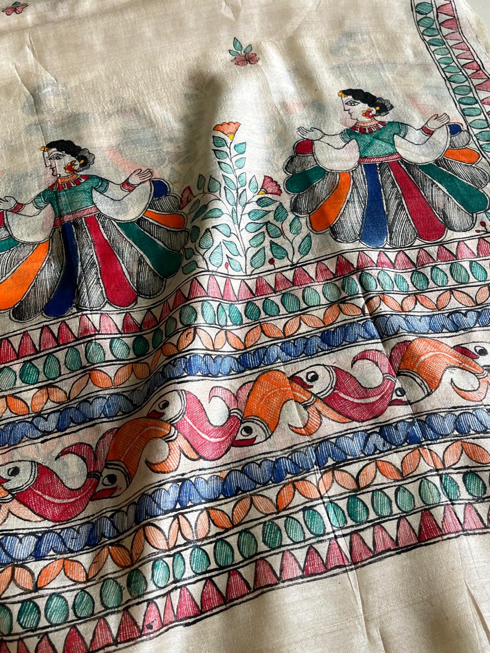 Exclusive Pure Tussar Silk Madhubani Handpainted dupatta - Beige