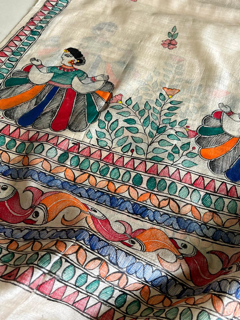 Exclusive Pure Tussar Silk Madhubani Handpainted dupatta - Beige