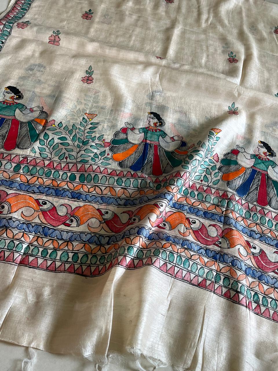 Exclusive Pure Tussar Silk Madhubani Handpainted dupatta - Beige