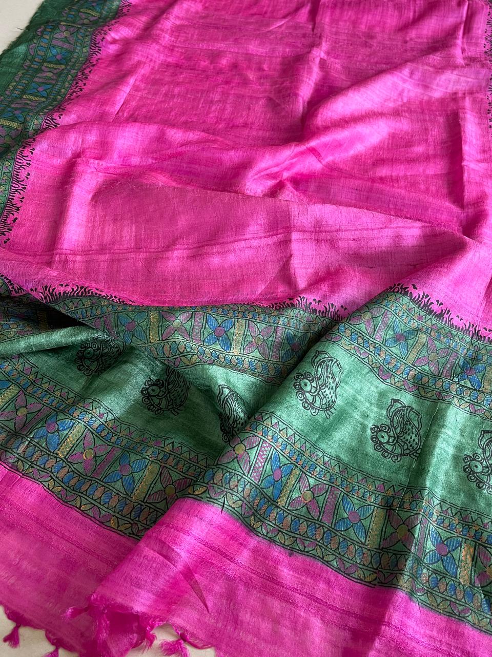 Exclusive Pure Tussar Silk Madhubani Handpainted dupatta - Pink with Green