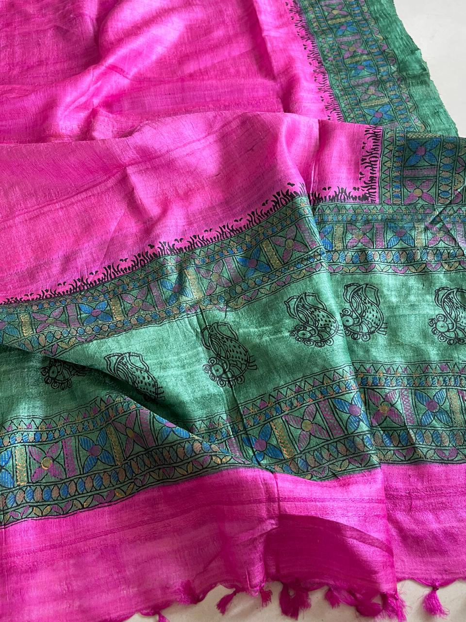 Exclusive Pure Tussar Silk Madhubani Handpainted dupatta - Pink with Green