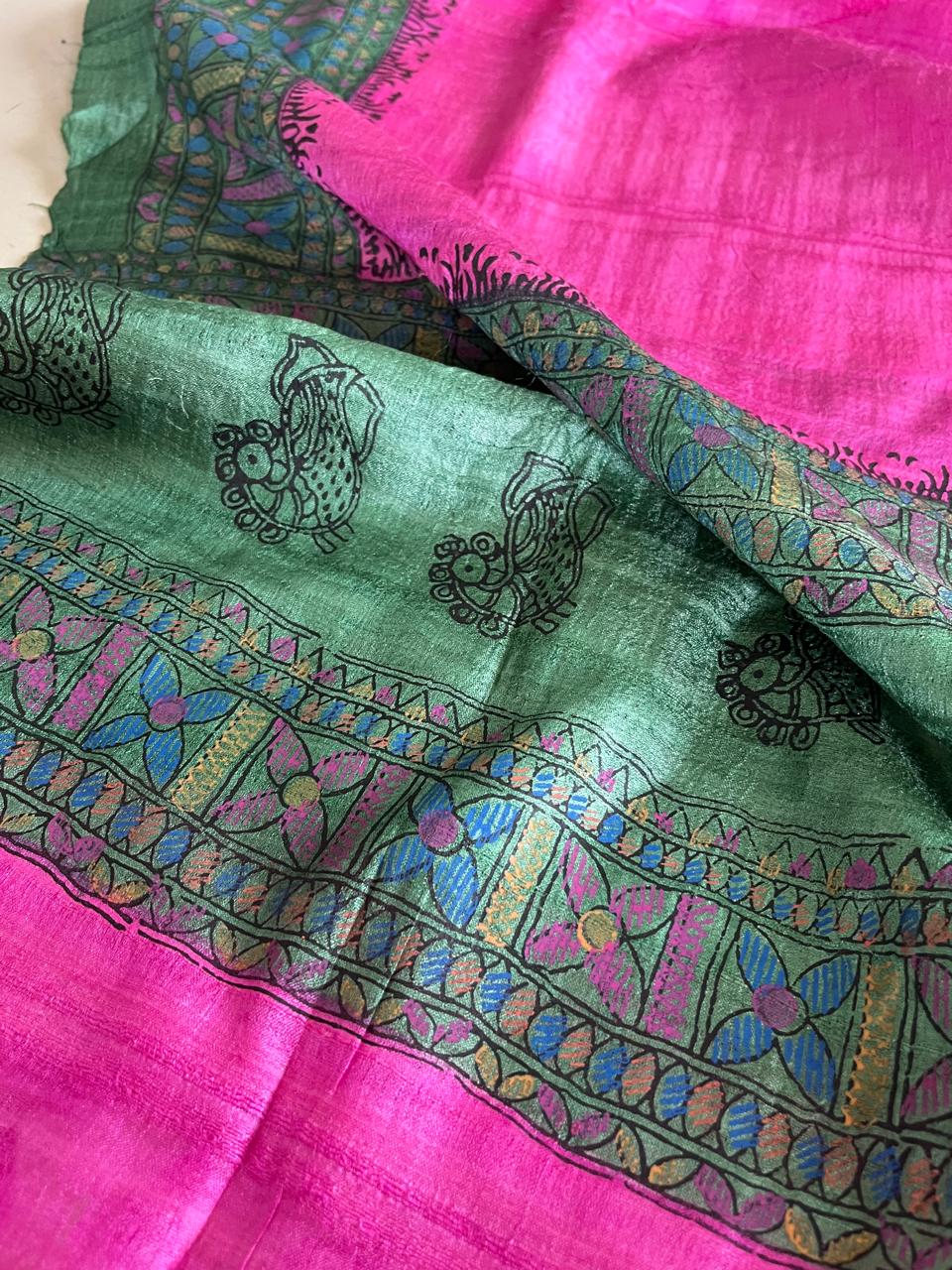 Exclusive Pure Tussar Silk Madhubani Handpainted dupatta - Pink with Green