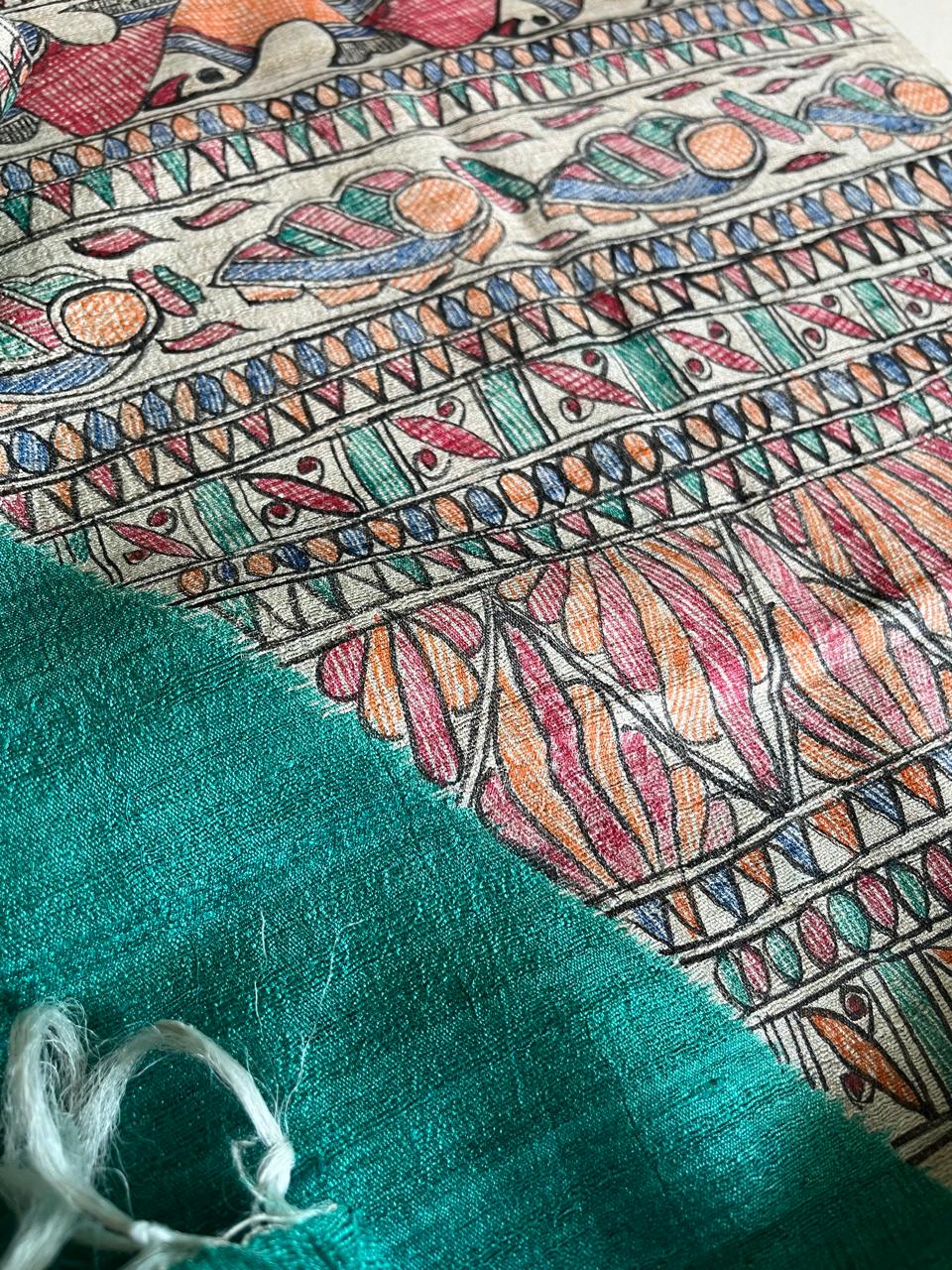 Exclusive Pure Tussar Silk Madhubani Handpainted dupatta - Sea Green with Beige