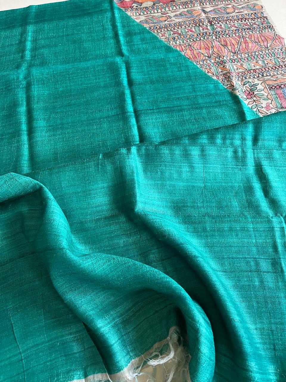 Exclusive Pure Tussar Silk Madhubani Handpainted dupatta - Sea Green with Beige