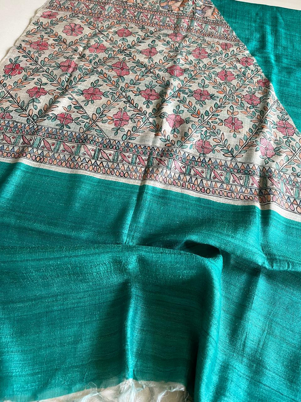 Exclusive Pure Tussar Silk Madhubani Handpainted dupatta - Sea Green with Beige