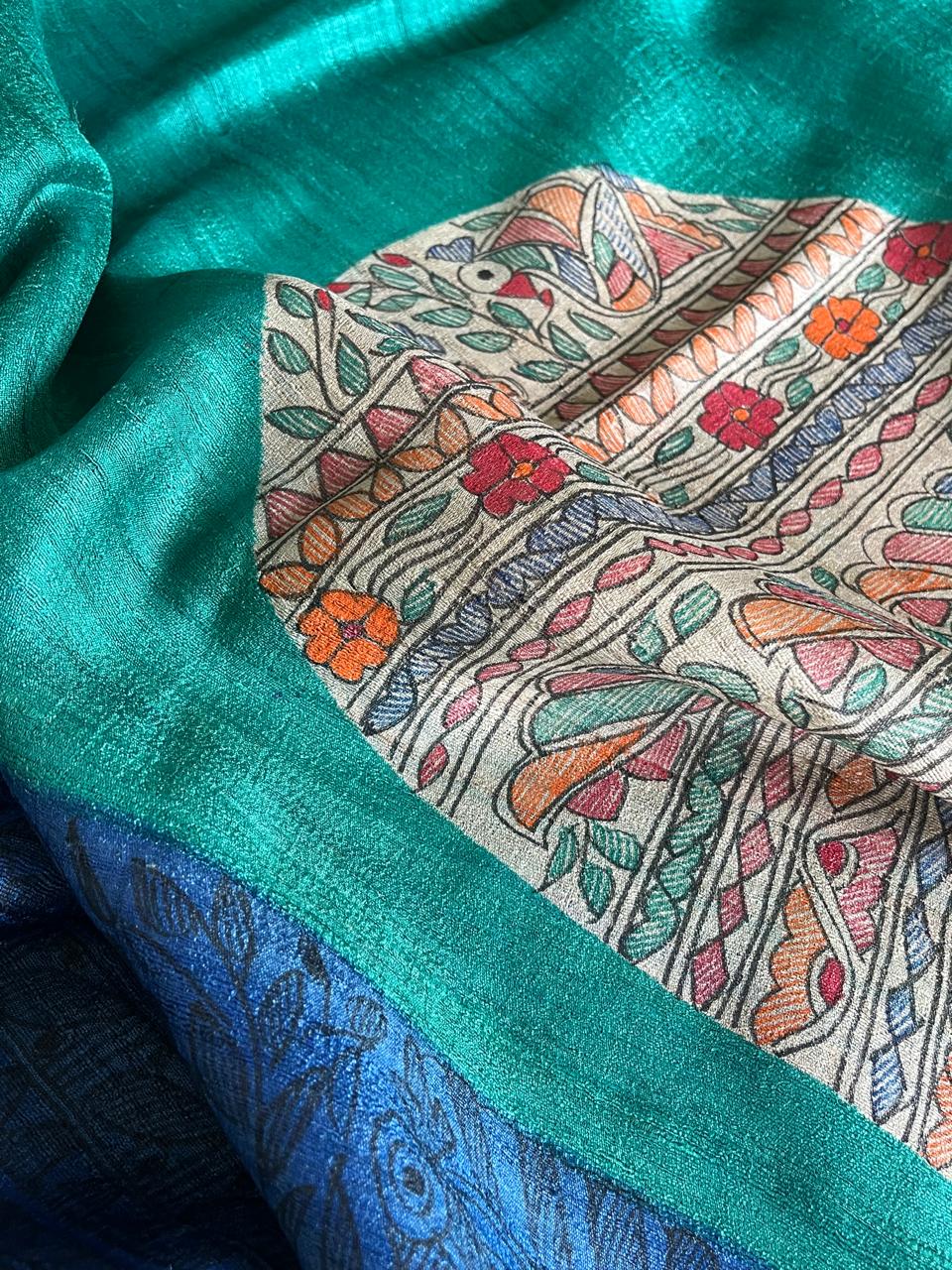 Exclusive Pure Tussar Silk Madhubani Handpainted dupatta - Sea Green with Blue