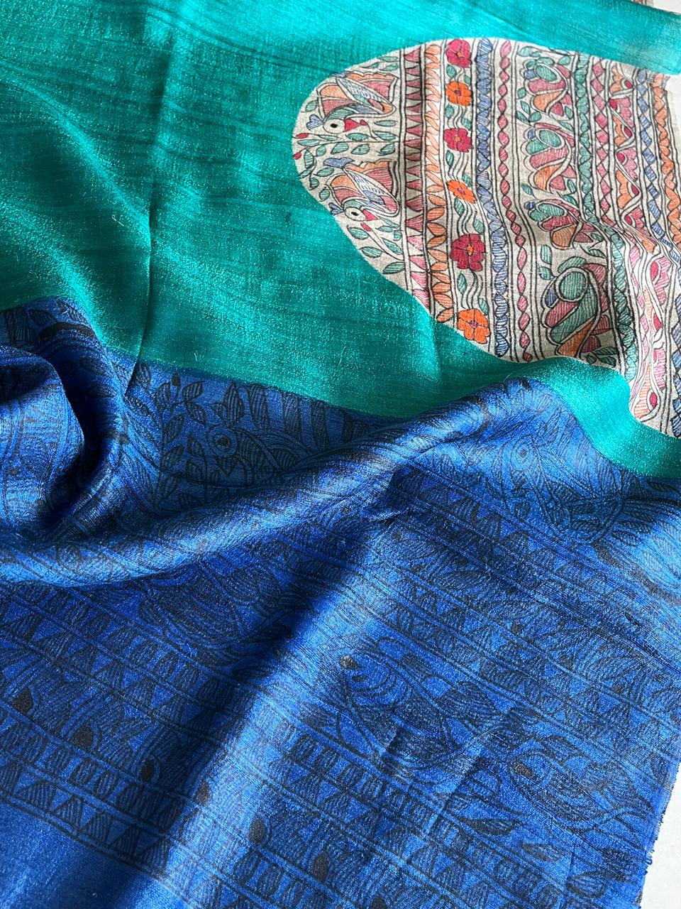 Exclusive Pure Tussar Silk Madhubani Handpainted dupatta - Sea Green with Blue