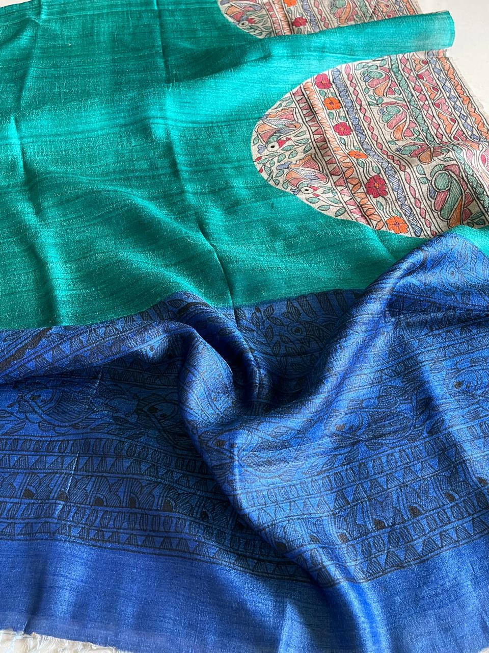 Exclusive Pure Tussar Silk Madhubani Handpainted dupatta - Sea Green with Blue