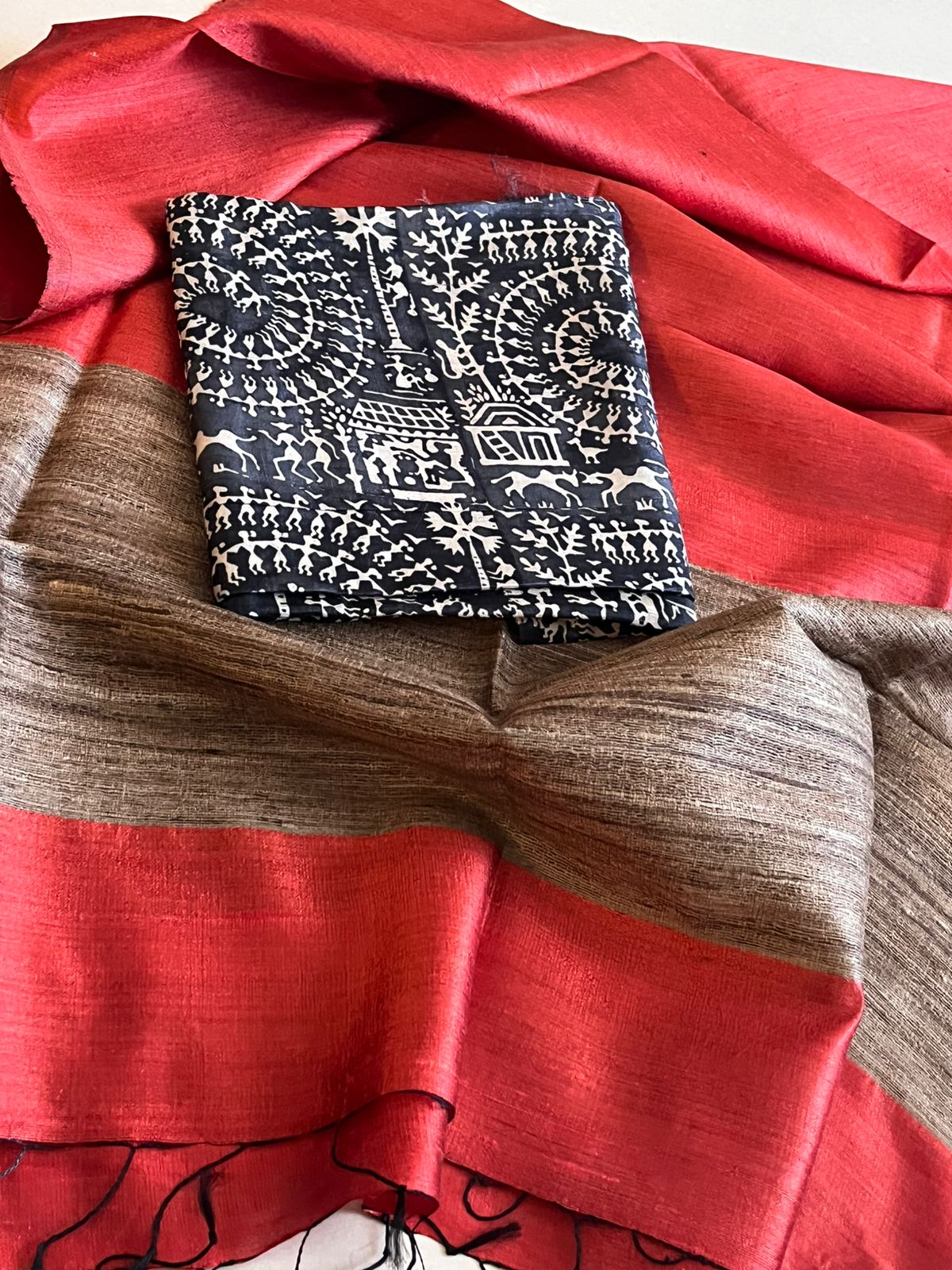 Pure Tussar Silk Printed Kurta paired with Raw Silk Dupatta - Black Kurta