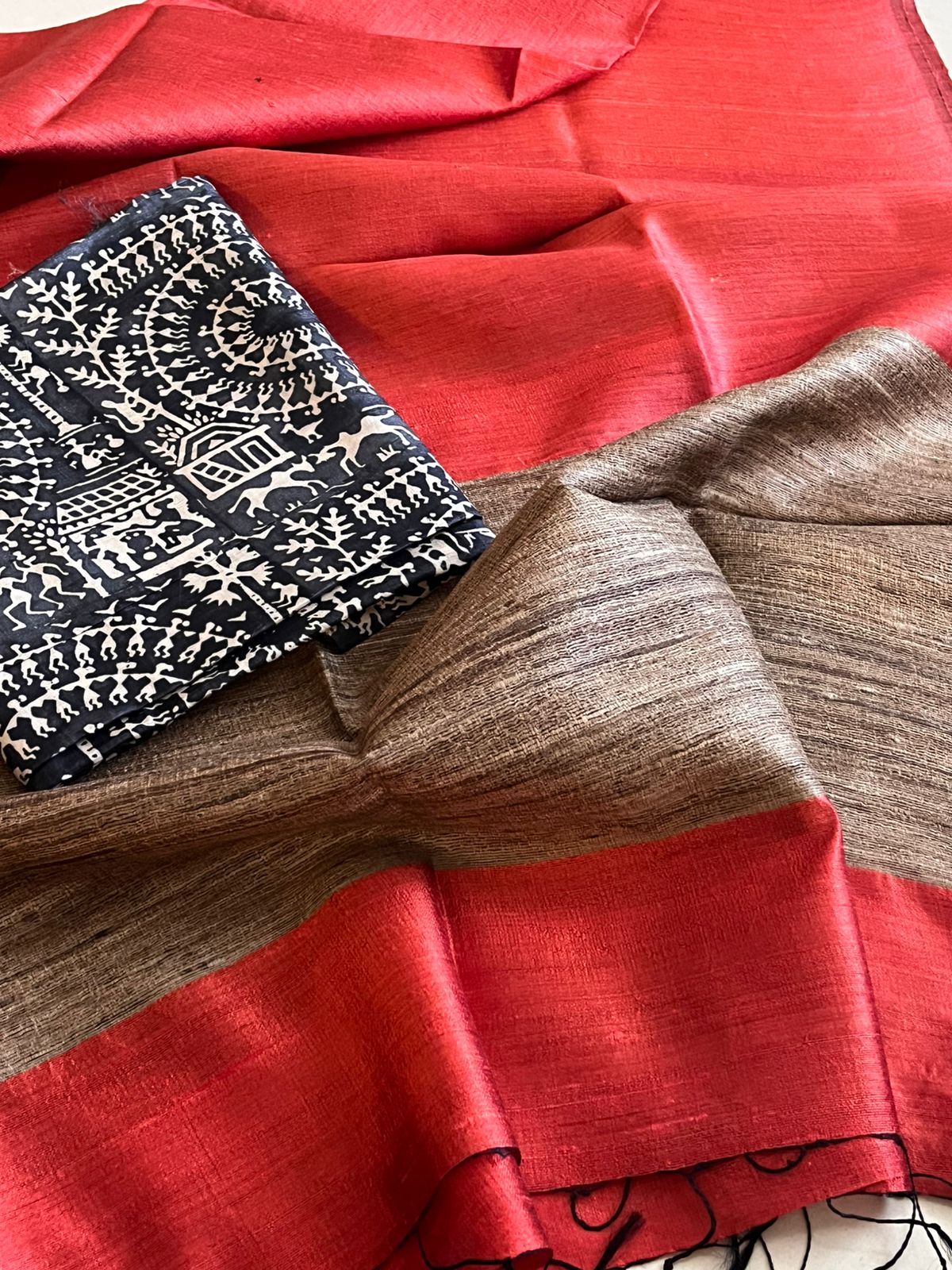 Pure Tussar Silk Printed Kurta paired with Raw Silk Dupatta - Black Kurta