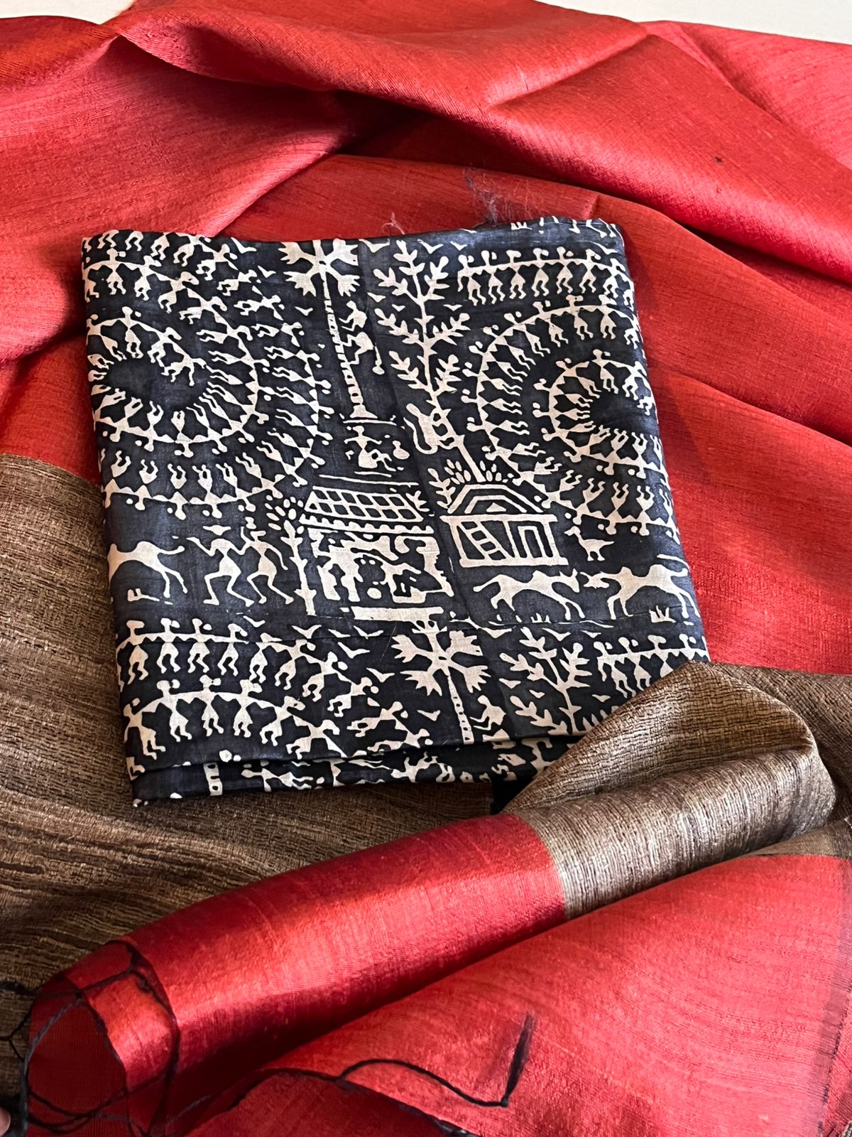 Pure Tussar Silk Printed Kurta paired with Raw Silk Dupatta - Black Kurta