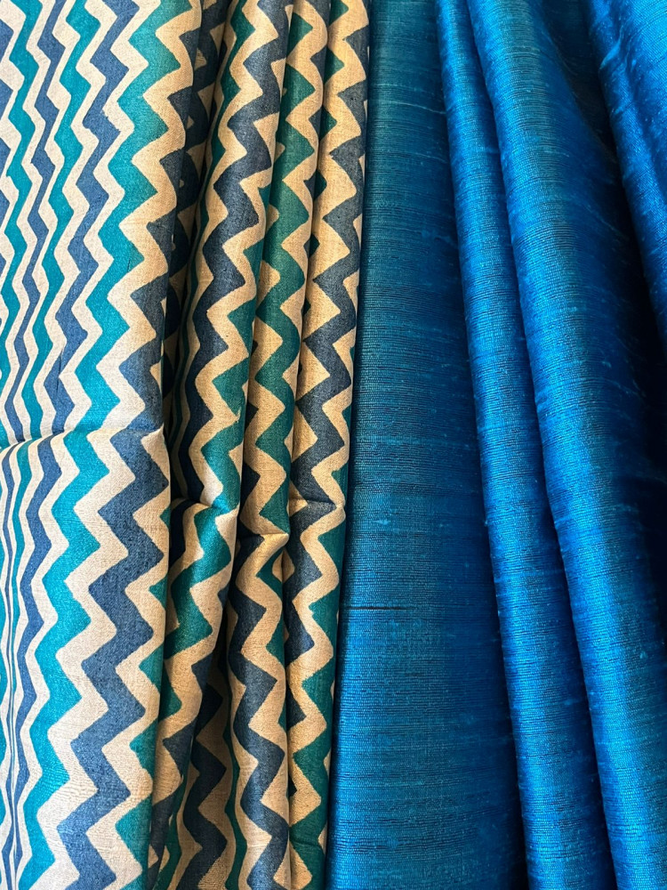 Image of Pure Tussar Silk Printed Kurta paired with Raw Silk Dupatta - Blue Kurta