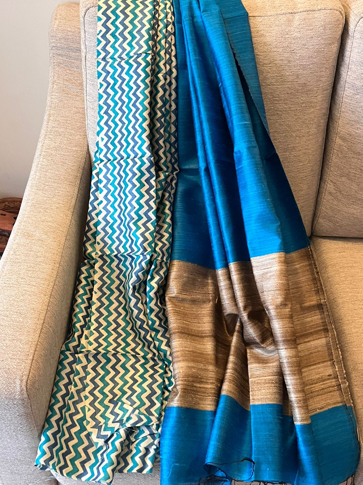 Pure Tussar Silk Printed Kurta paired with Raw Silk Dupatta - Blue Kurta