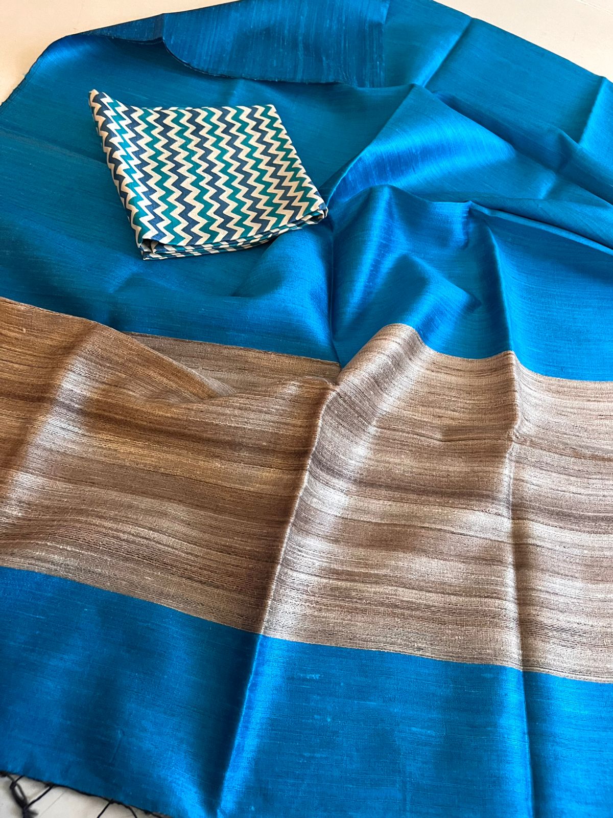 Pure Tussar Silk Printed Kurta paired with Raw Silk Dupatta - Blue Kurta